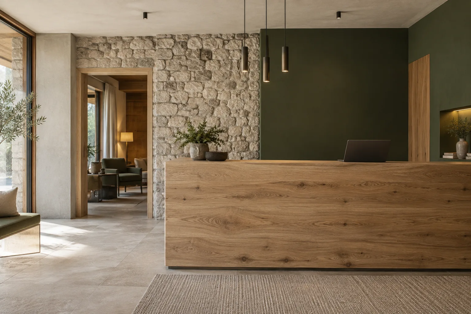 Immagine illustrativa di una reception con materiali naturali