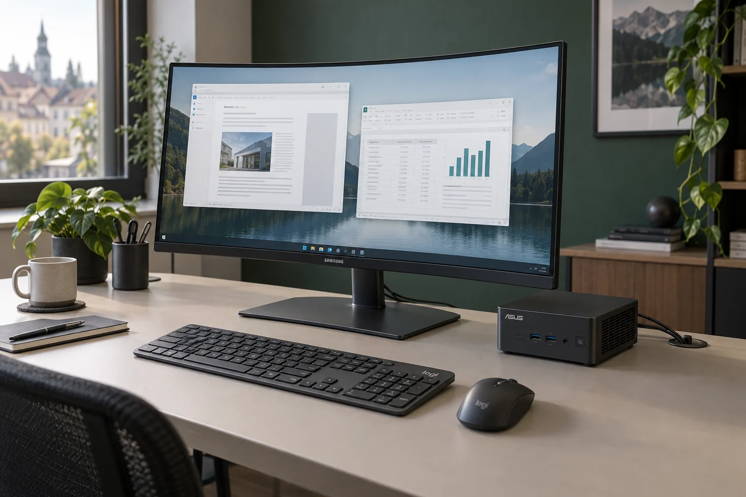 Immagine illustrativa AI di una postazione con ASUS NUC, monitor Samsung curvo, tastiera e mouse Logitech wireless e cablaggio ordinato