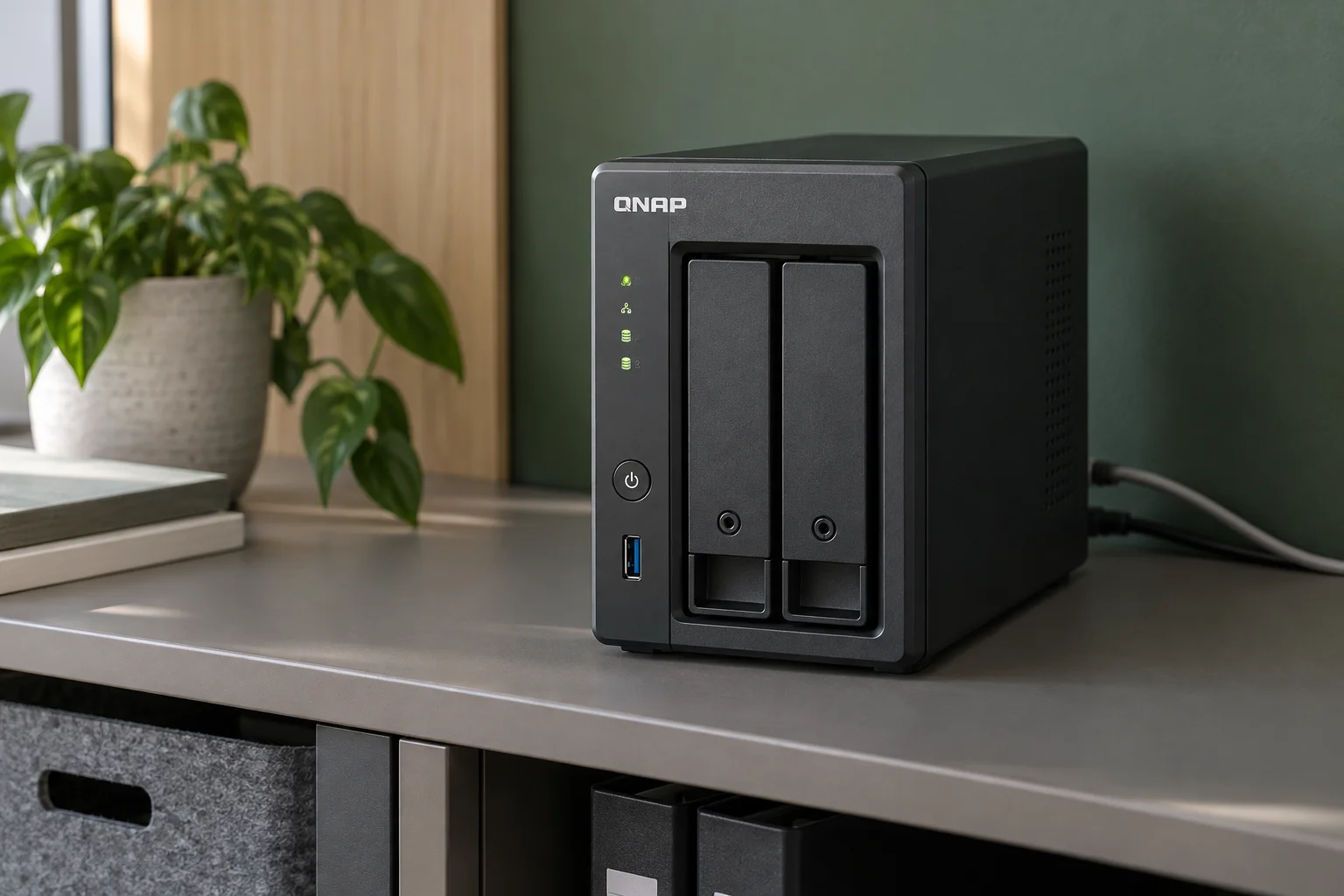 Immagine illustrativa AI di un NAS QNAP a due dischi in ufficio