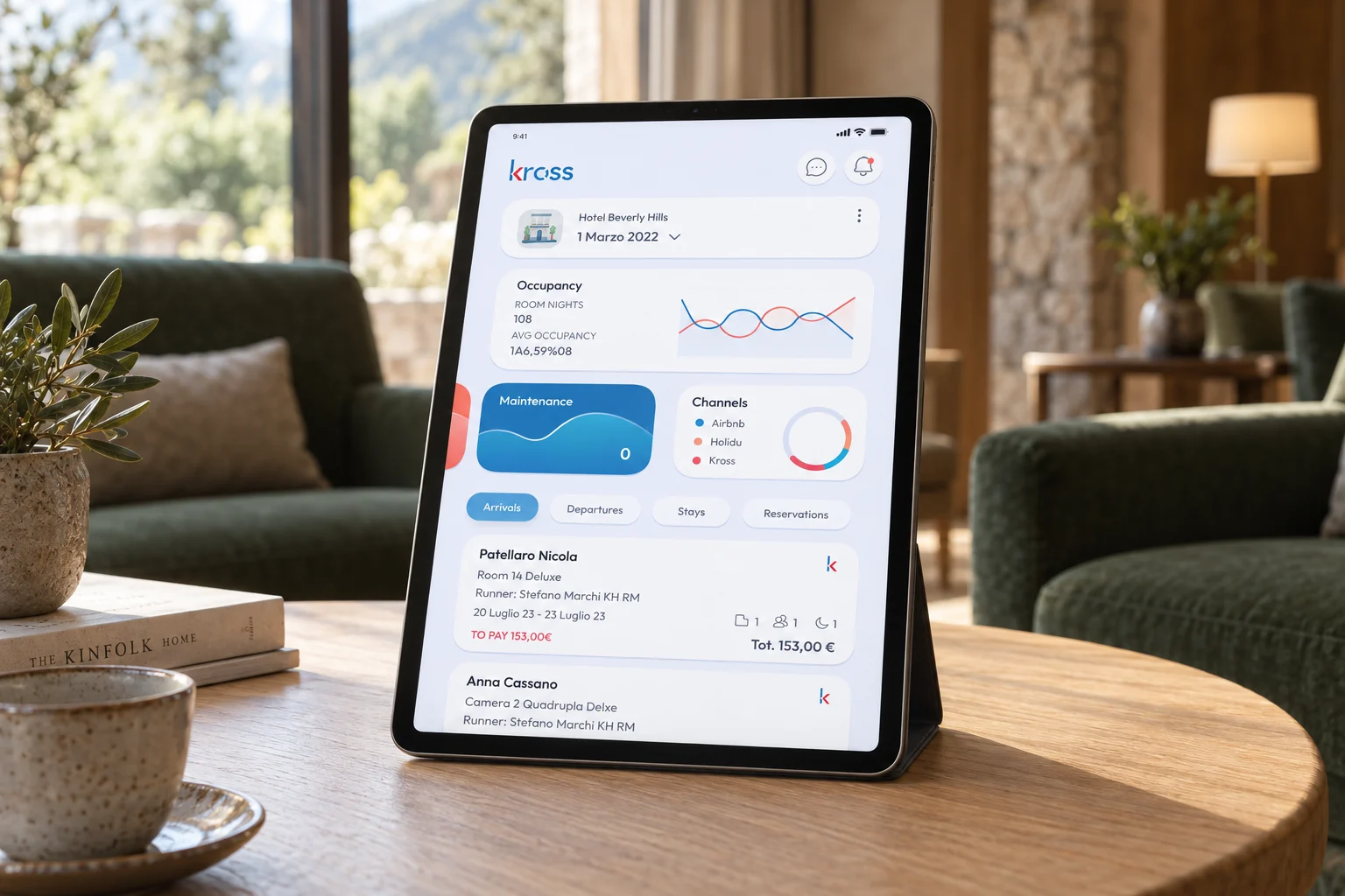 KI-generierte illustrative Fotografie eines iPads mit Kross auf einem Tisch in einer Hotellounge