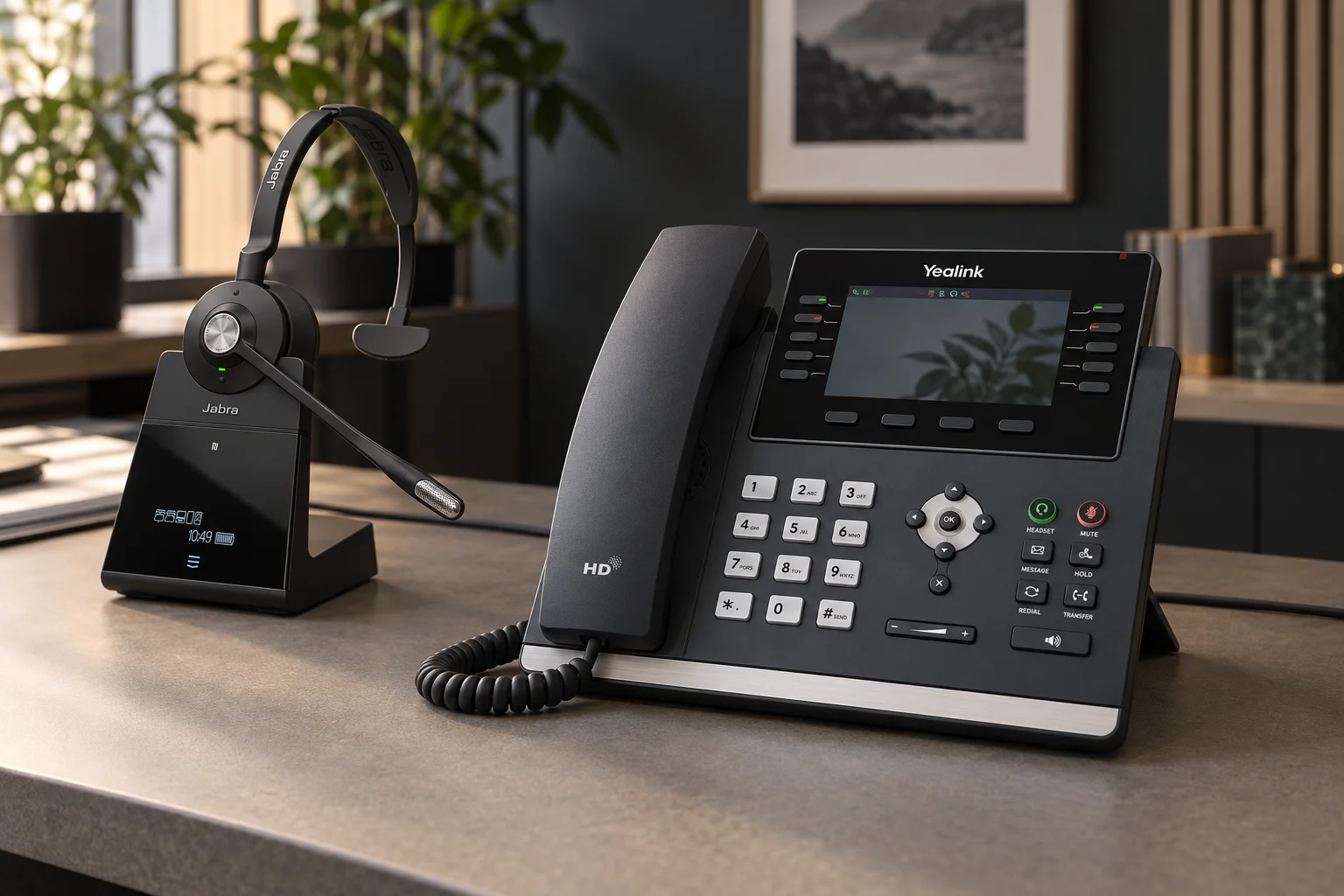 Immagine illustrativa con telefono Yealink e headset Jabra in ufficio